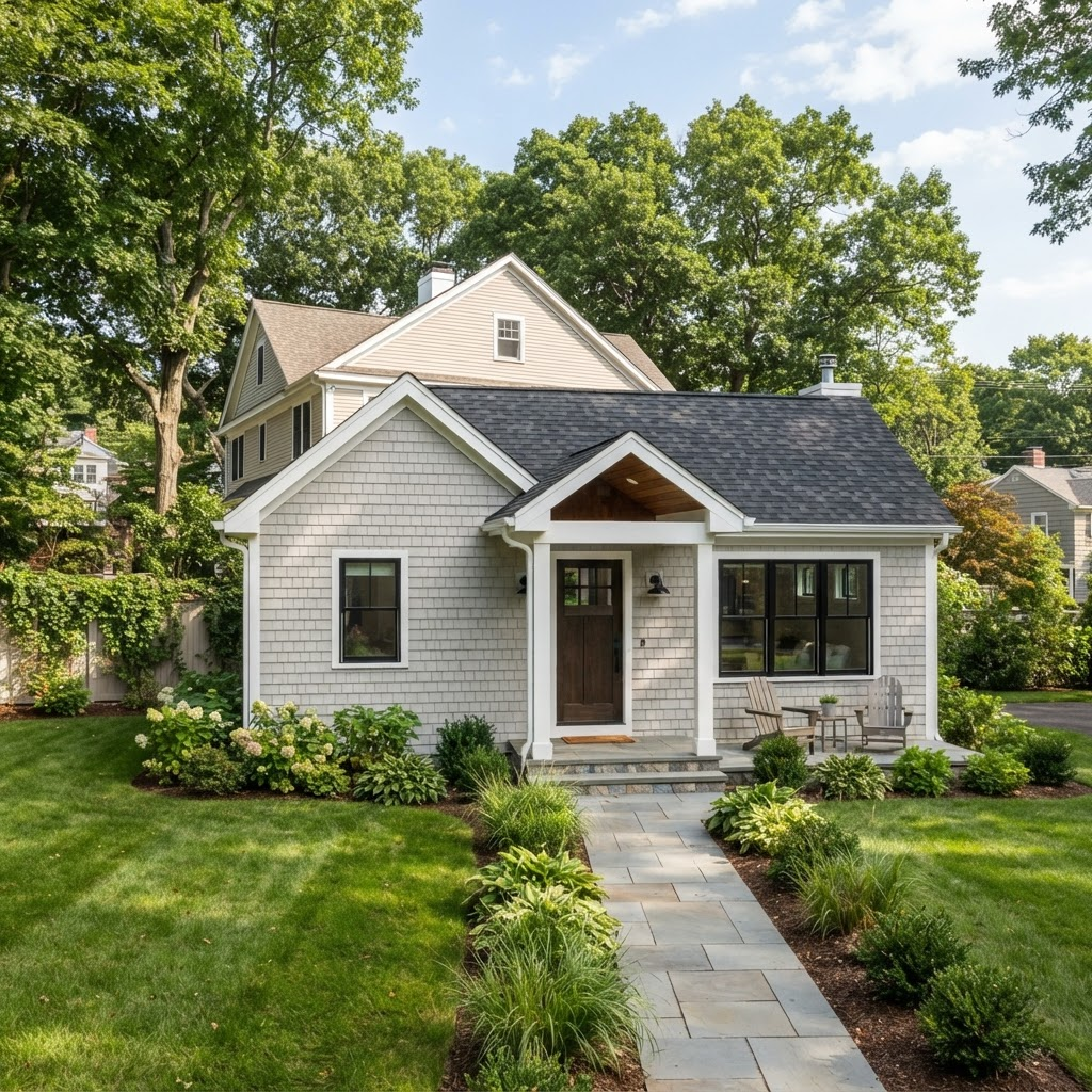 Detached backyard ADU cottage built behind a single-family home in Massachusetts