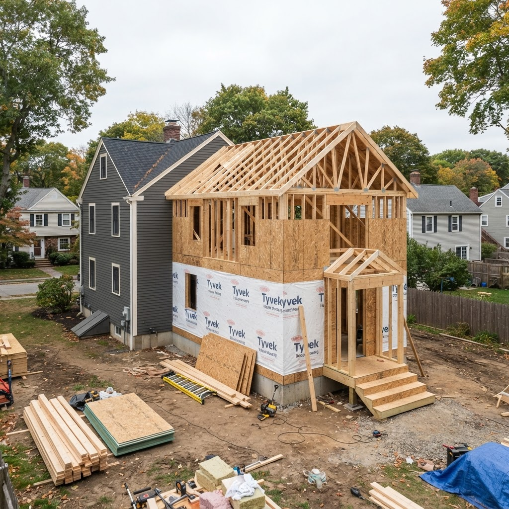 Attached in-law suite ADU under construction on a Massachusetts home